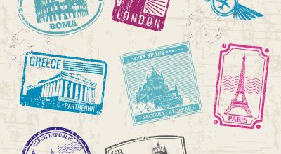 Travel stamps with Europe countries landmarks. Landmark europe, stamp europe landmark, tourism landmark country illustration. Vector collection