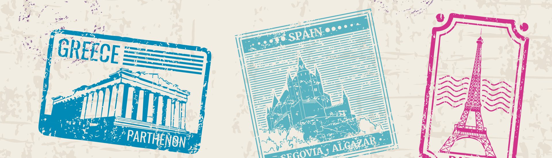 Travel stamps with Europe countries landmarks. Landmark europe, stamp europe landmark, tourism landmark country illustration. Vector collection